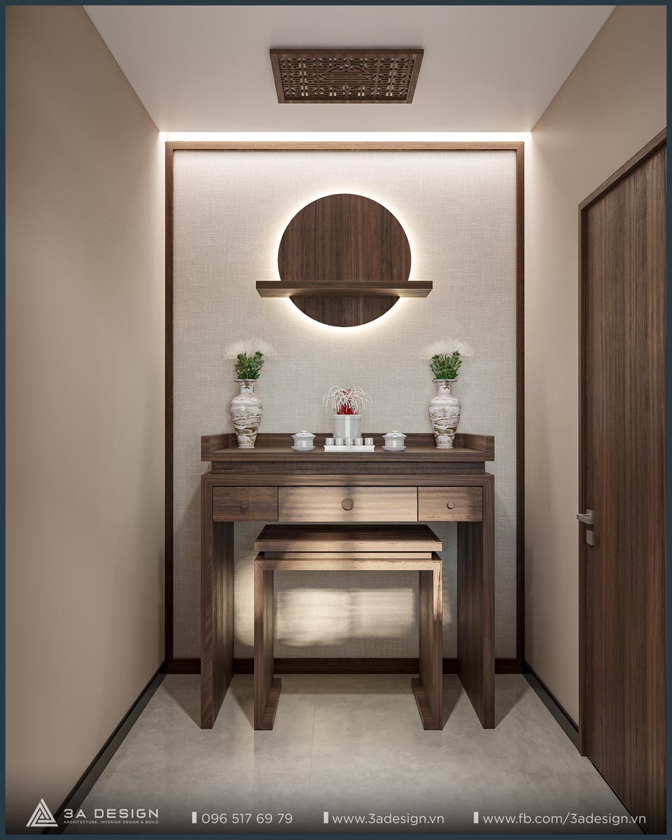 nội thất hiện đại, với bàn thờ treo tường gỗ tối giản, đèn hắt sáng trang trí hình tròn và các vật phẩm thờ cúng được sắp xếp gọn gàng.