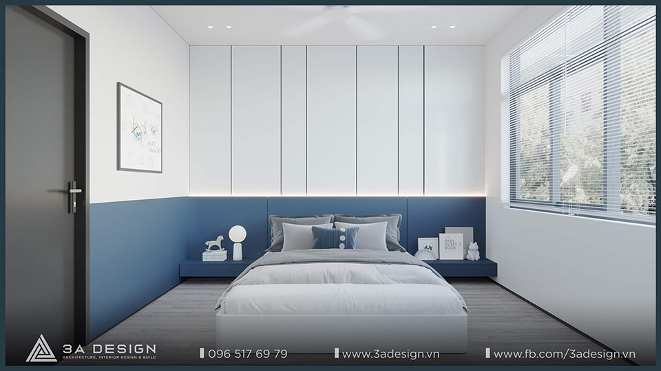 Nội thất phòng ngủ hiện đại, màu xanh dương, trắng, giường ngủ, gối tựa, tường ốp gỗ, sàn gỗ, cửa sổ, rèm sáo, đèn ngủ.