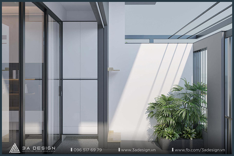 Mẫu thiết kế ngoại thất nhà phố hiện đại, sân đỗ xe rộng, kiến trúc trắng xám, kết nối sân vườn.