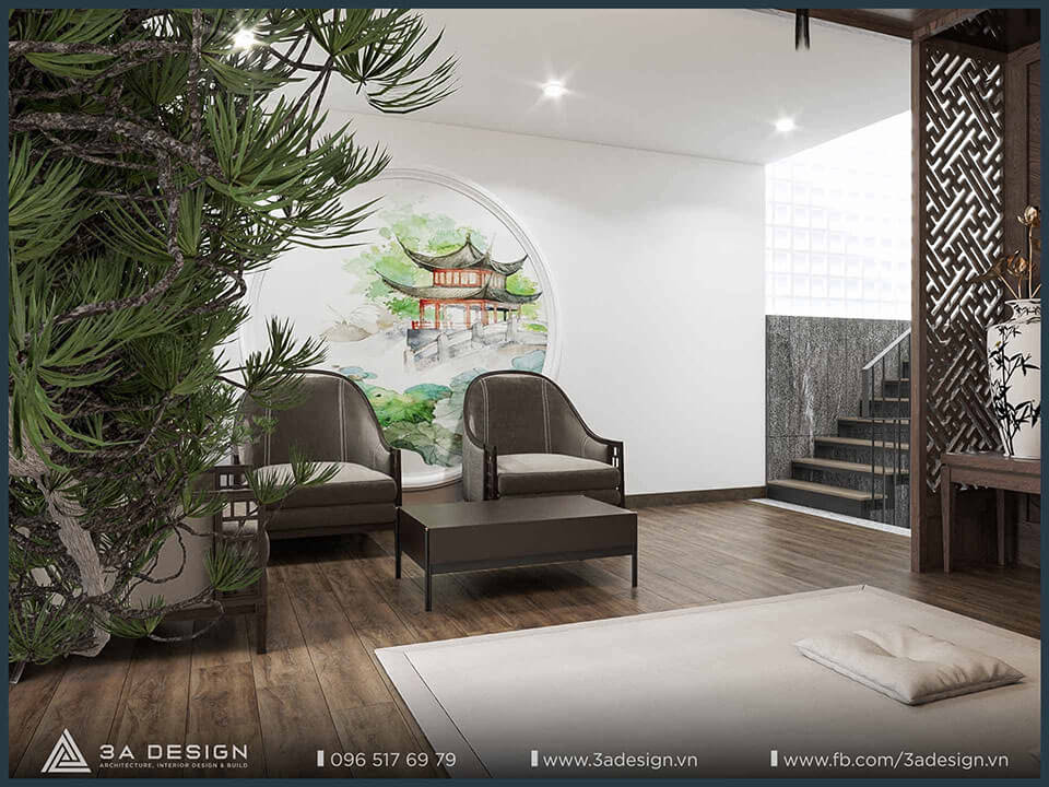 Phòng khách hiện đại với vách sau sofa đa chất liệu và vách kính trang trí, thể hiện xu hướng thiết kế nhà 2026.