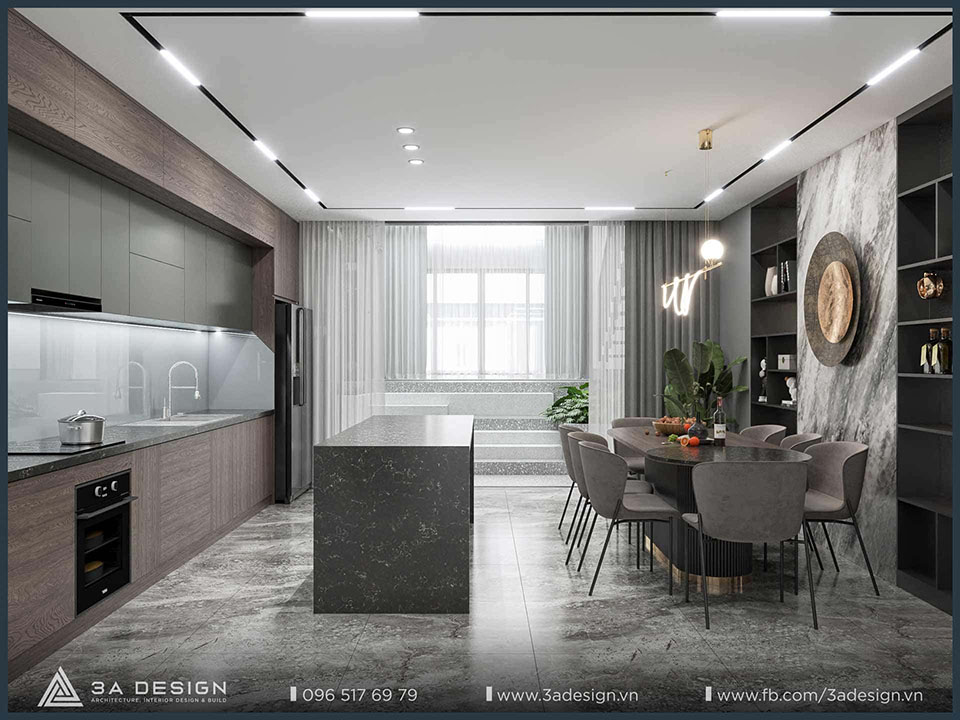 Thiết kế phòng bếp và bàn ăn hiện đại sử dụng bê tông đá mài xám, mang vẻ đẹp tự nhiên, tinh tế và đậm chất tối giản.
