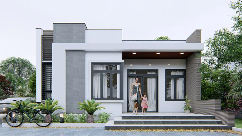 Mẫu nhà 8x12m 1 tầng hiện đại, mặt tiền 8m, thiết kế mái bằng và khối màu trung tính.
