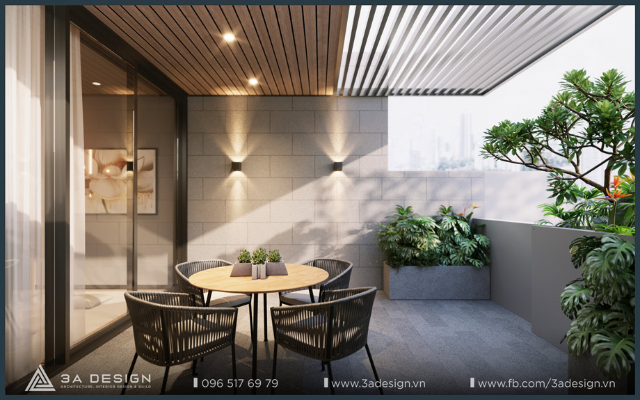 Mặt tiền nhà phố với cửa kính lớn và hệ thống Lam chắn phía trên, minh họa giải pháp giảm nhiệt và thông thoáng.