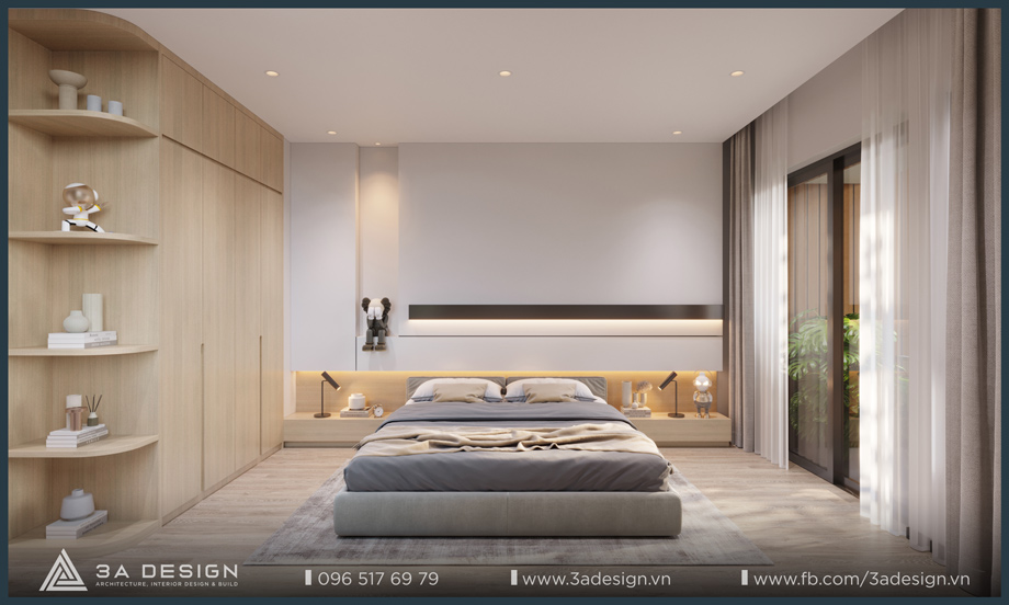 Phòng ngủ nhỏ hiện đại với rèm sáng màu, ánh sáng tự nhiên và thiết kế tối giản.