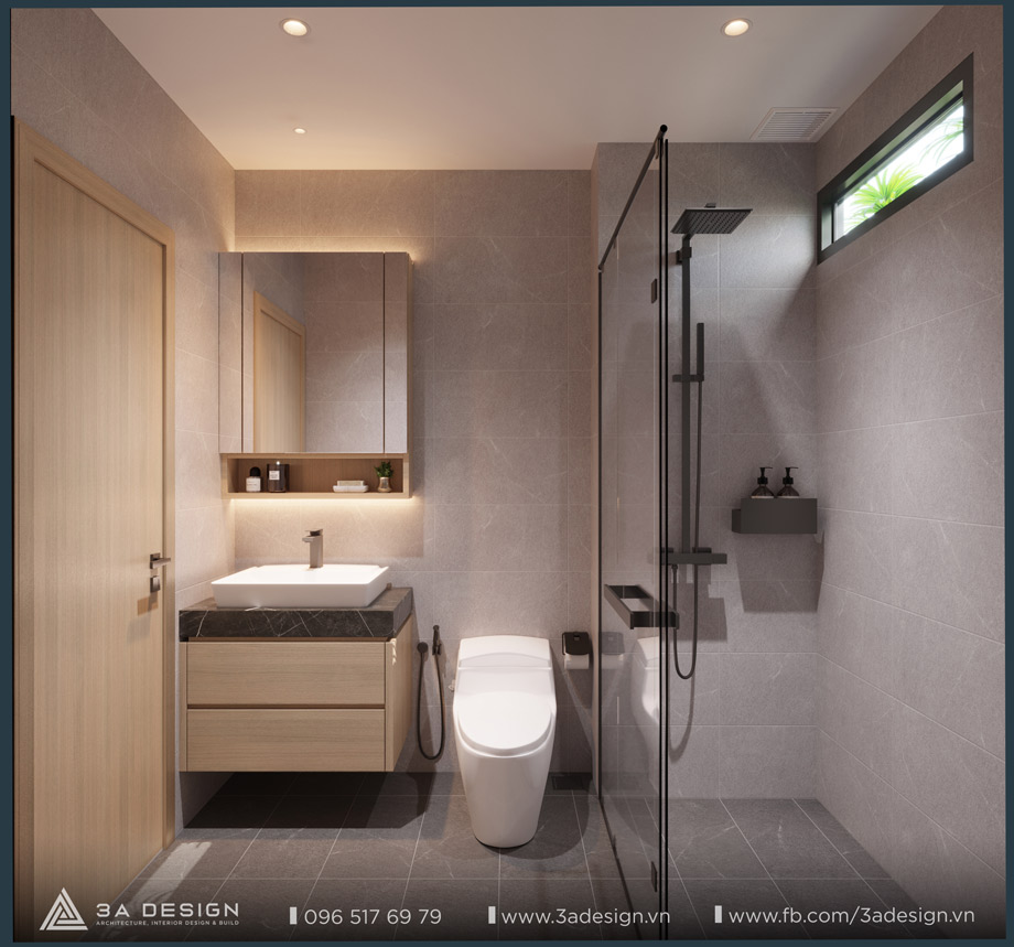 Phòng tắm hiện đại với vách kính tắm đứng, lavabo và tủ gỗ.