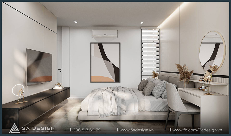 Phòng ngủ nhà phố phong cách Minimalism với gam màu trắng – xám – be, thiết kế tinh giản, gọn gàng và ánh sáng tự nhiên dịu nhẹ.
