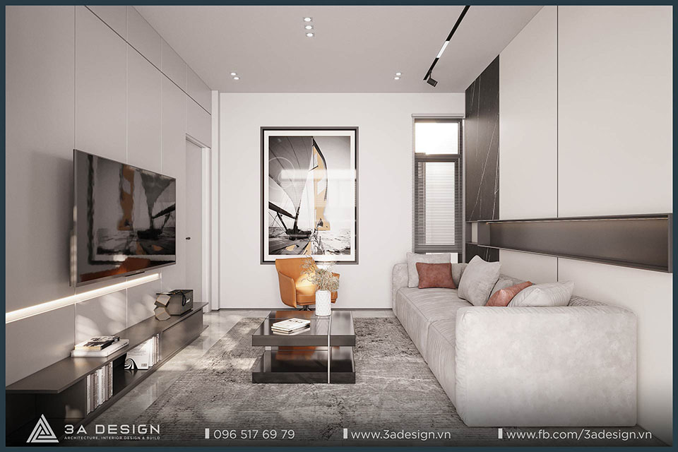 Phòng khách với trần ốp gỗ nâu trầm, tường ốp đá marble sáng màu, áp dụng nguyên tắc màu sắc trần để giảm chiều cao và tăng sự ấm cúng.