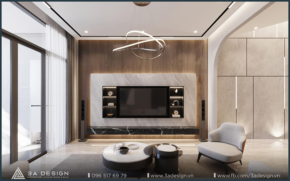 Phòng khách hiện đại với tường ốp gỗ và đá cẩm thạch, thể hiện sự kết hợp ấm áp và sang trọng của vật liệu gỗ.