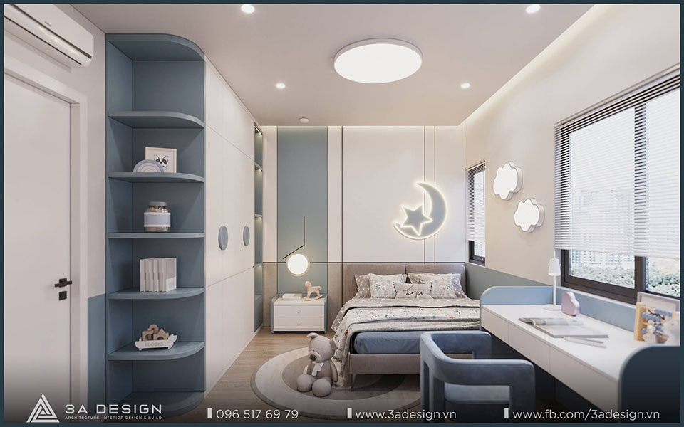 Phòng ngủ trẻ em hiện đại, tông xanh pastel và trắng, có giường, bàn học cạnh cửa sổ lớn, kệ trang trí âm tường, và đèn tường hình trăng lưỡi liềm.