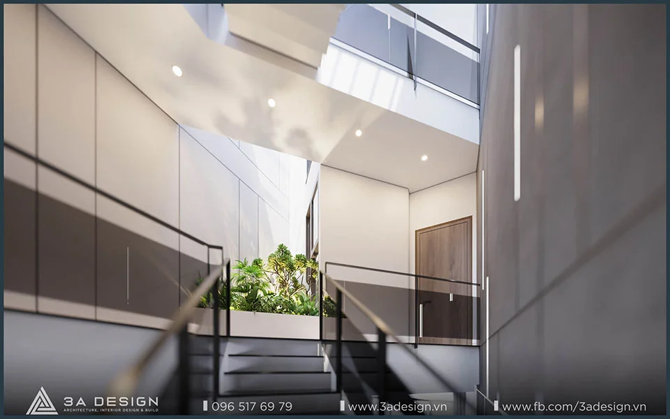 Mẫu cầu thang tận dụng ánh sáng từ giếng trời, giúp kết nối các tầng hài hòa và tràn đầy năng lượng.
