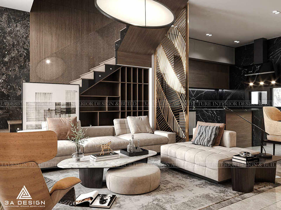 Phòng khách hiện đại với vách ngăn cầu thang bằng kim loại, sofa màu be và sàn đá cẩm thạch.