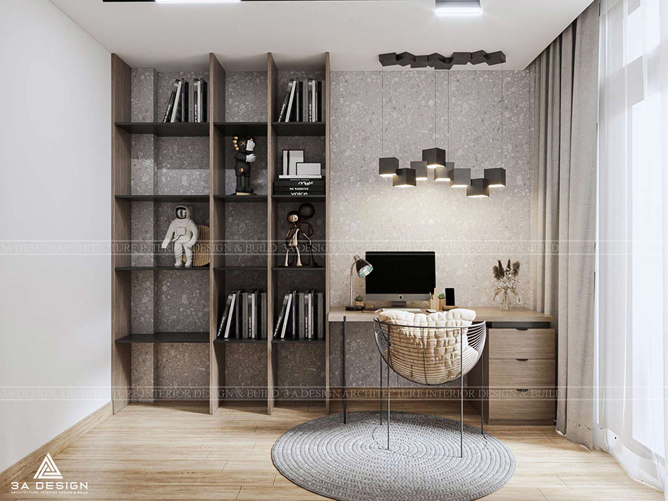 Phòng làm việc với bàn đặt song song cửa sổ. Có kệ sách lớn và đèn bàn (Task Lighting), tối ưu ánh sáng khoa học.