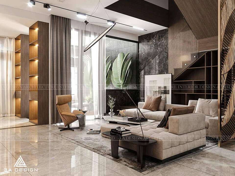 Phòng khách hiện đại với vách lam gỗ, sofa màu be và tường ốp đá cẩm thạch.