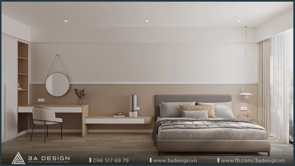 Phòng ngủ hiện đại với tủ âm tường, bàn làm việc gọn gàng và cửa kính lớn đón sáng.