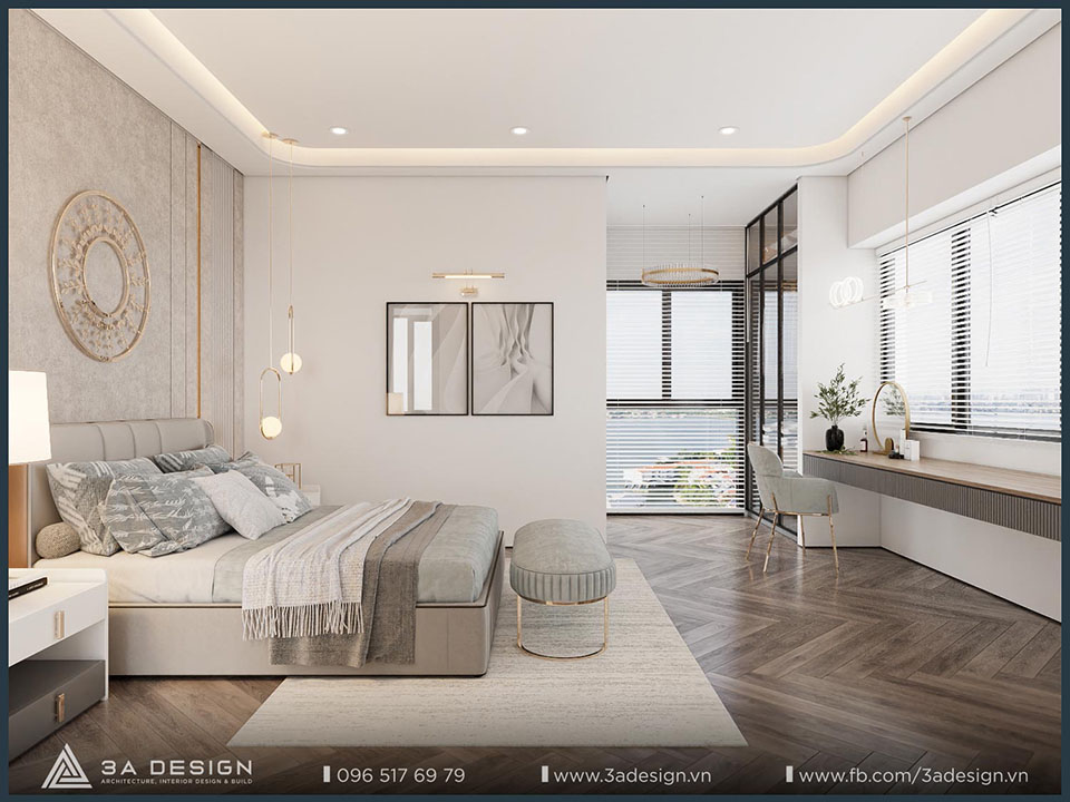 Phòng ngủ hiện đại, yên tĩnh với cửa kính lớn cách âm và nội thất tông màu trung tính