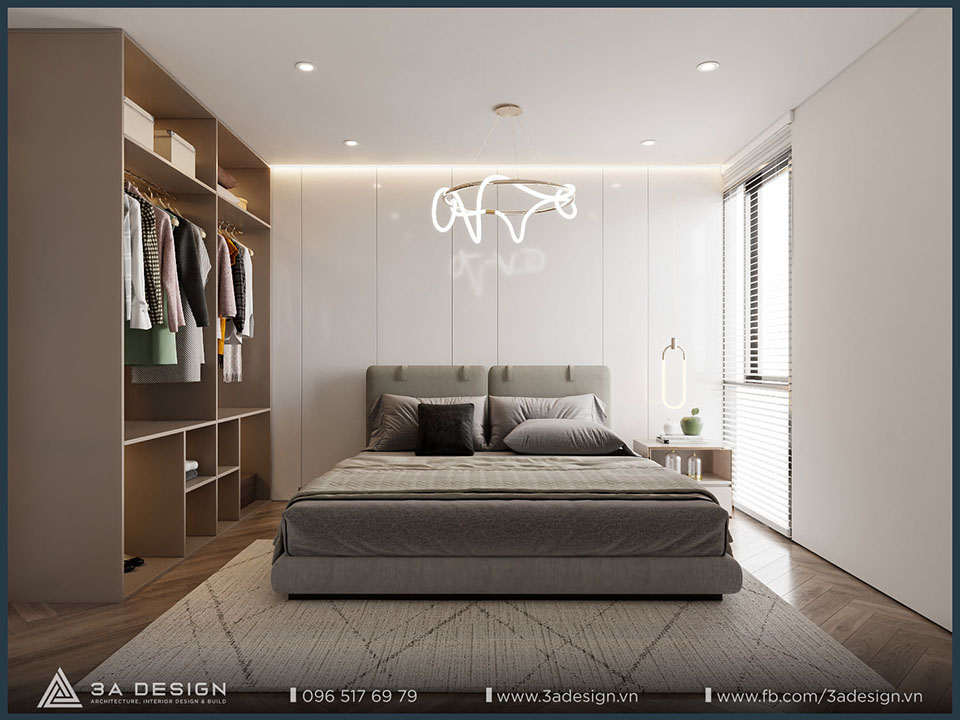 Phòng ngủ hiện đại với giường đôi, tủ quần áo âm tường và thiết kế tối giản, tối ưu không gian sống.