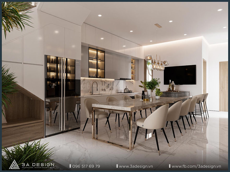 Không gian bếp hiện đại kết hợp bàn ăn lớn, thiết kế mở và ánh sáng tự nhiên.