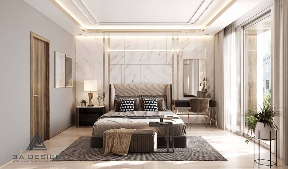 Phòng ngủ hiện đại với vách đầu giường bọc nỉ, giường ngủ và bàn trang điểm.