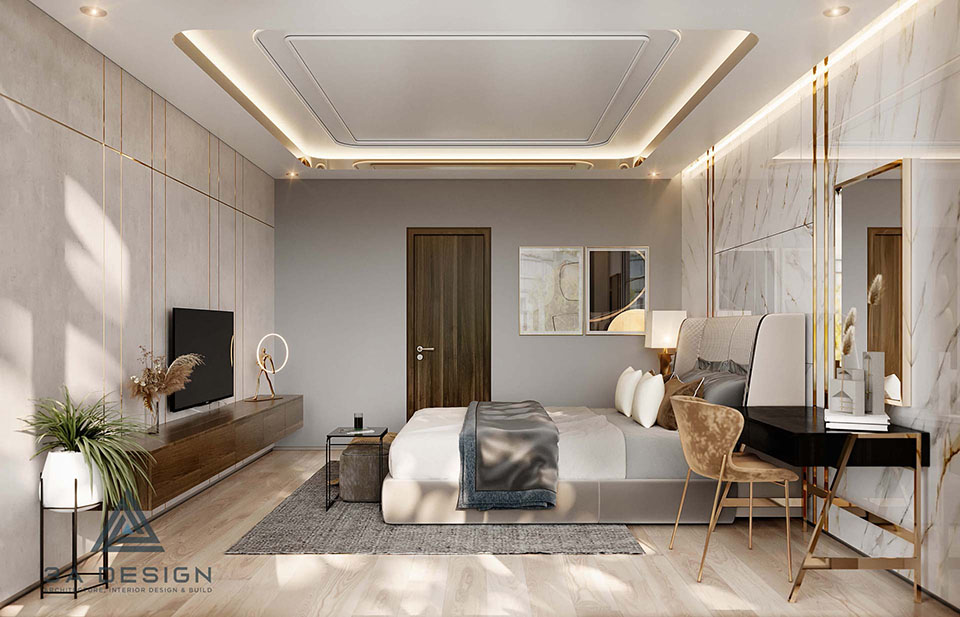 Phòng ngủ hiện đại với ánh sáng ấm, nội thất cao cấp và thiết kế tối giản tạo cảm giác thư giãn.