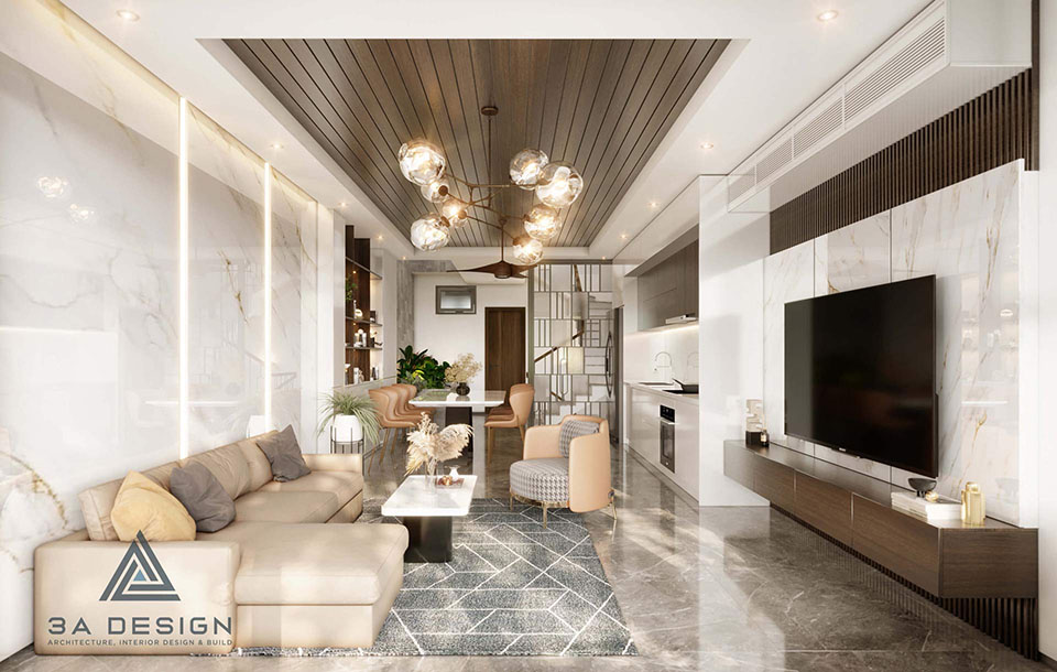 Nội thất không gian mở (phòng khách, phòng ăn) sử dụng gam màu sáng để mở rộng không gian và màu đậm để phân chia khu vực chức năng.