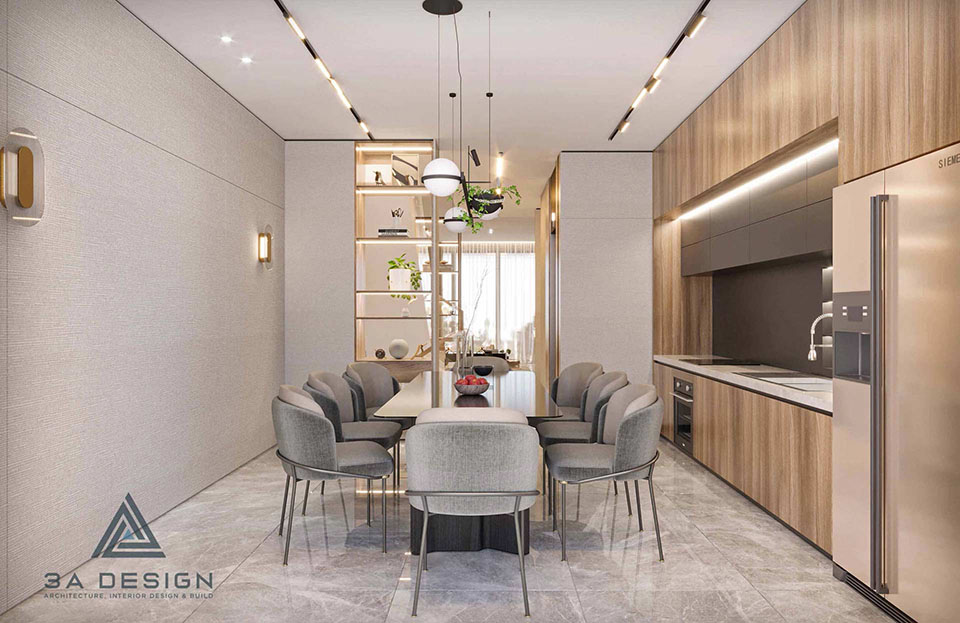 Nội thất phòng ăn/bếp hiện đại, kết hợp tủ gỗ nâu (Walnut) và nền tường trắng, tạo điểm nhấn màu sắc sang trọng.