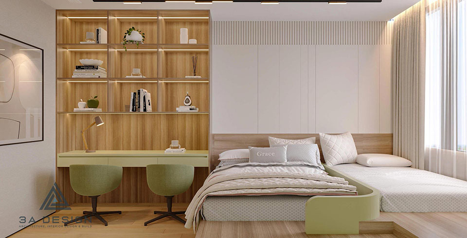 nội thất phòng ngủ hiện đại, có giường đôi thấp và khu vực bàn làm việc/học tập. Kệ sách bằng gỗ tích hợp đèn LED và tường ốp gỗ sọc.