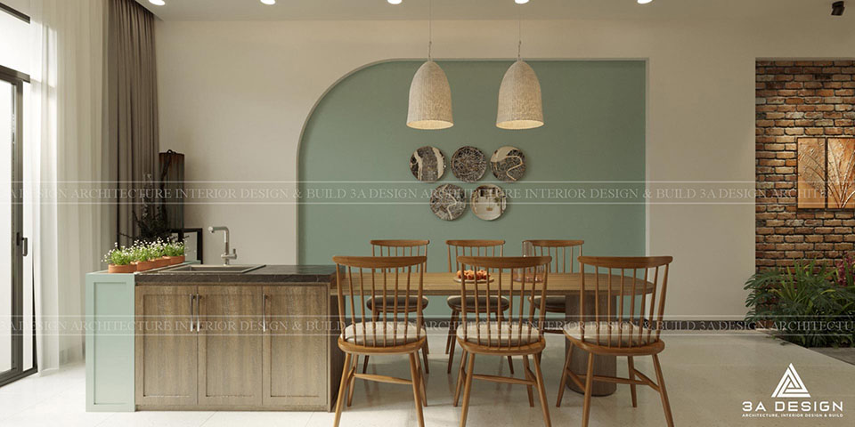 Nội thất phòng ăn, bếp nhà phố, màu xanh lá, gỗ tự nhiên, bàn ăn, ghế gỗ, đèn thả trần, gạch giả cổ, cây xanh, phong cách hiện đại.