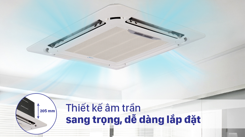 dàn lạnh máy lạnh âm trần 4 hướng thổi lắp đặt gọn trong trần nhà, minh họa luồng khí lạnh lan tỏa đồng đều, làm nổi bật thiết kế mỏng (205mm) và sang trọng.