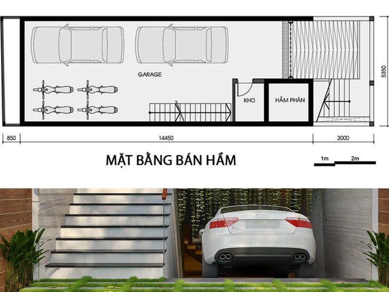 phối cảnh lối vào Tầng Bán Hầm hiện đại, tuân thủ tiêu chuẩn kiến trúc về Độ cao phần nổi và cho thấy ưu điểm Tăng Diện Tích Sàn Hữu Dụng.