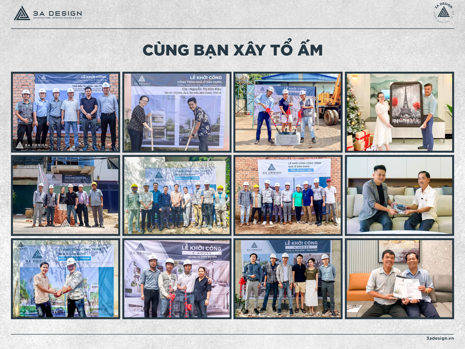 3A Design cùng khách hàng tại các lễ khởi công, bàn giao và trao quà lưu niệm, thể hiện sự đồng hành và tin tưởng trong quá trình xây dựng tổ ấm.