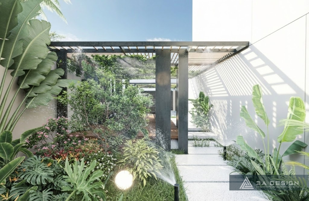 Hệ thống tưới tự động cho cảnh quan sân vườn.