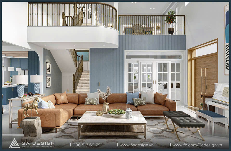 Phòng khách nhà phố rộng rãi với thiết kế Tân cổ điển do 3A Design thực hiện.