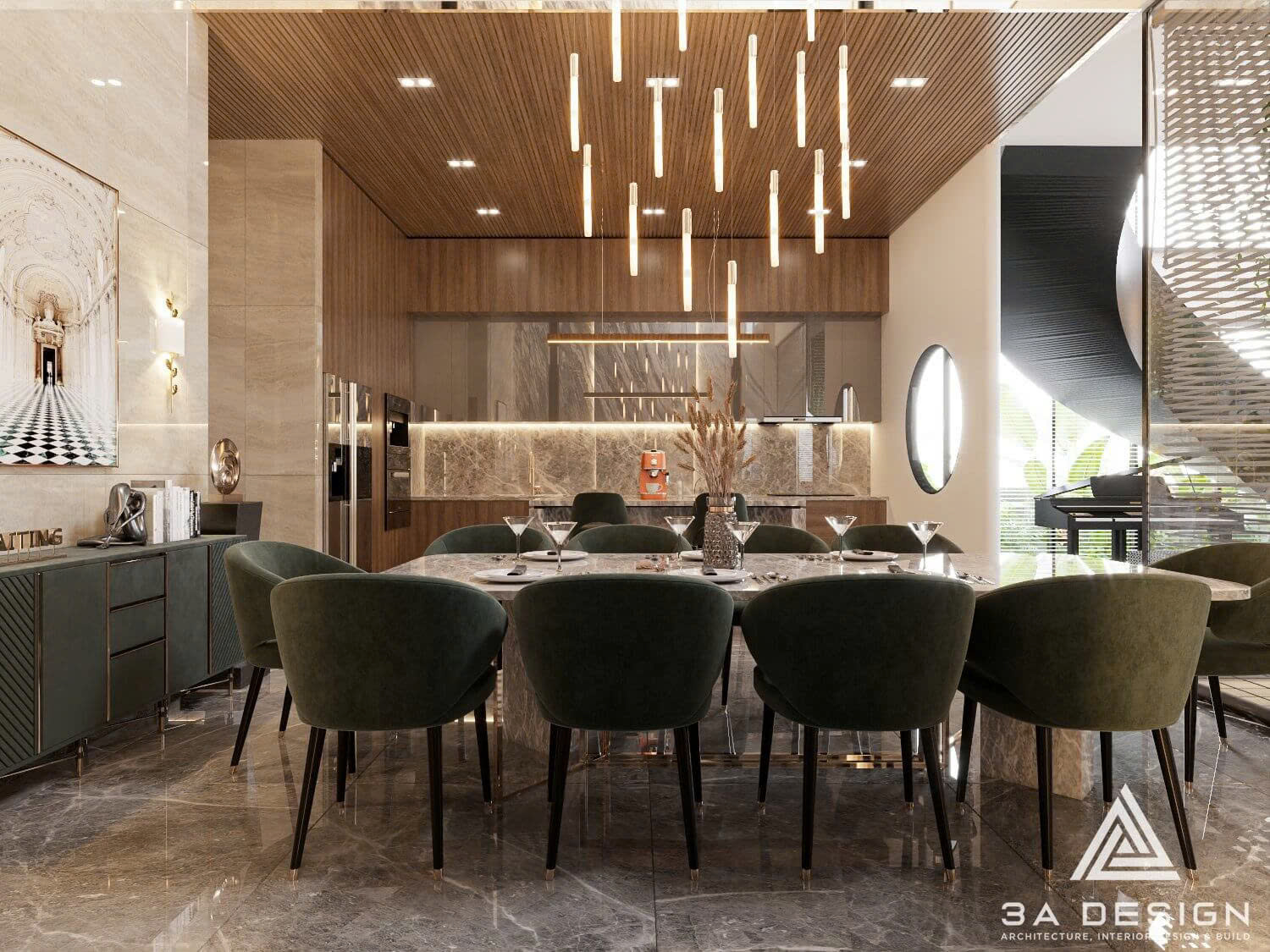 Trang trí nhà ngày Tết cho khu vực bàn ăn. Đèn thả tập trung ánh sáng vàng ấm áp trên bàn đá cẩm thạch. Nội thất và decor sang trọng, tạo sinh khí cho sự sum họp.