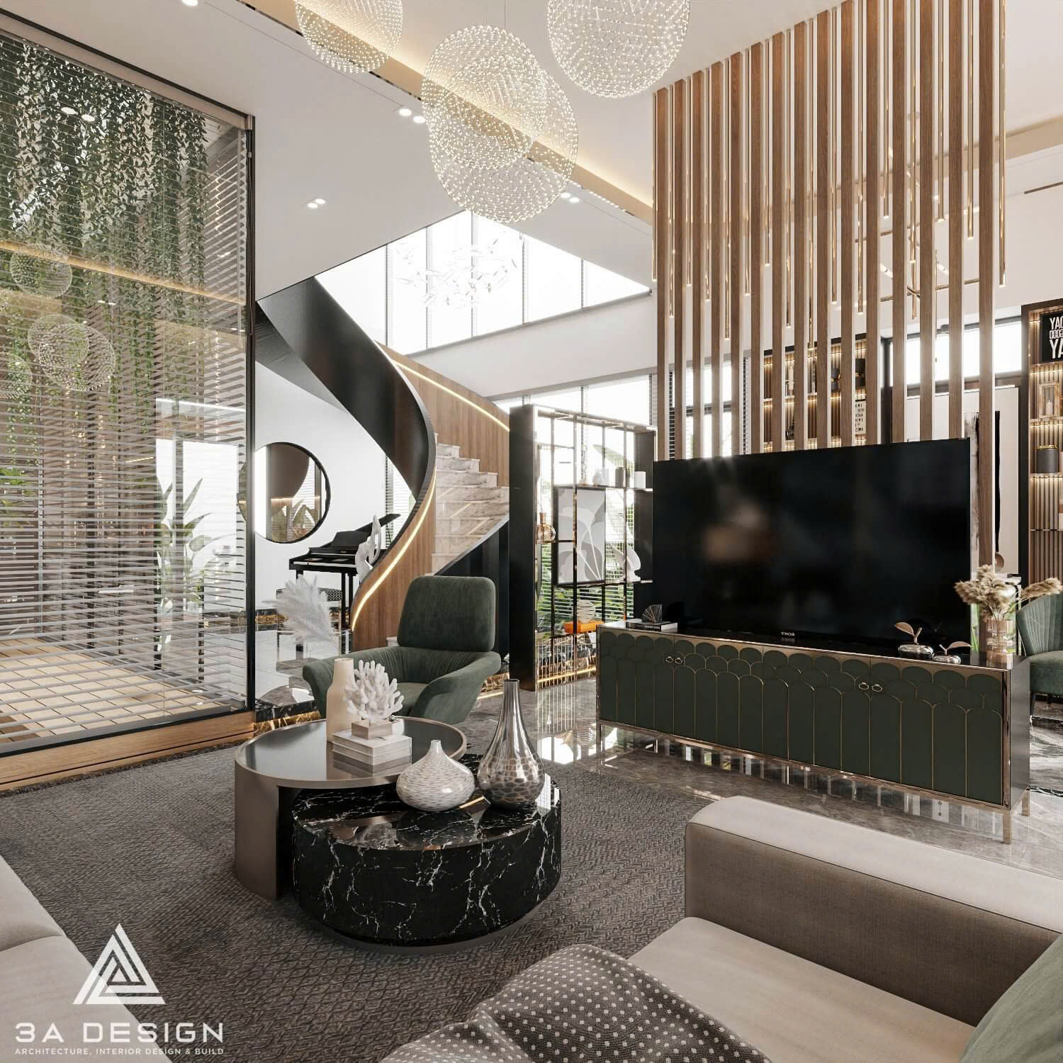 Thiết kế nội thất nhà phố với Phòng Khách – Bếp – Ăn liên thông, sử dụng vòm cong kiến trúc và cầu thang hiện đại để tối ưu hóa không gian tầng trệt và tạo cảm giác rộng rãi.