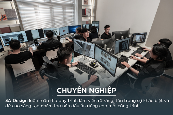 Đội ngũ thiết kế 3A Design làm việc trước màn hình máy tính trong văn phòng, minh họa sự chuyên nghiệp và sáng tạo.