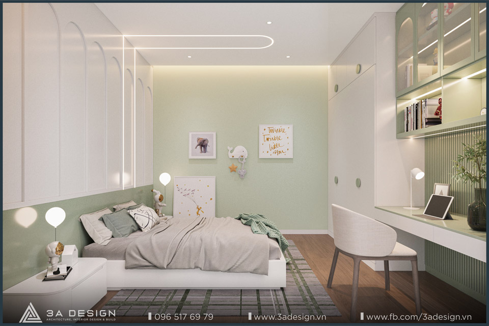 Phòng ngủ cho bé trai với tone xanh lá