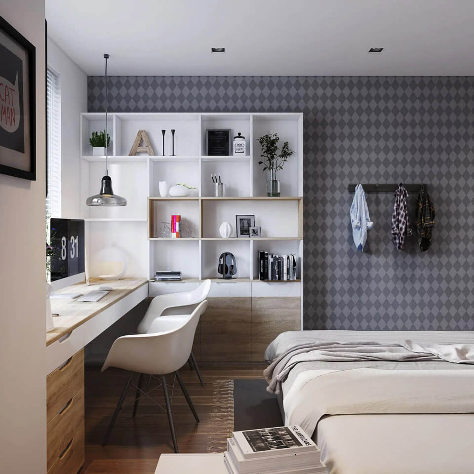 decor phòng ngủ nam phong cách tối giản, tiện nghi
