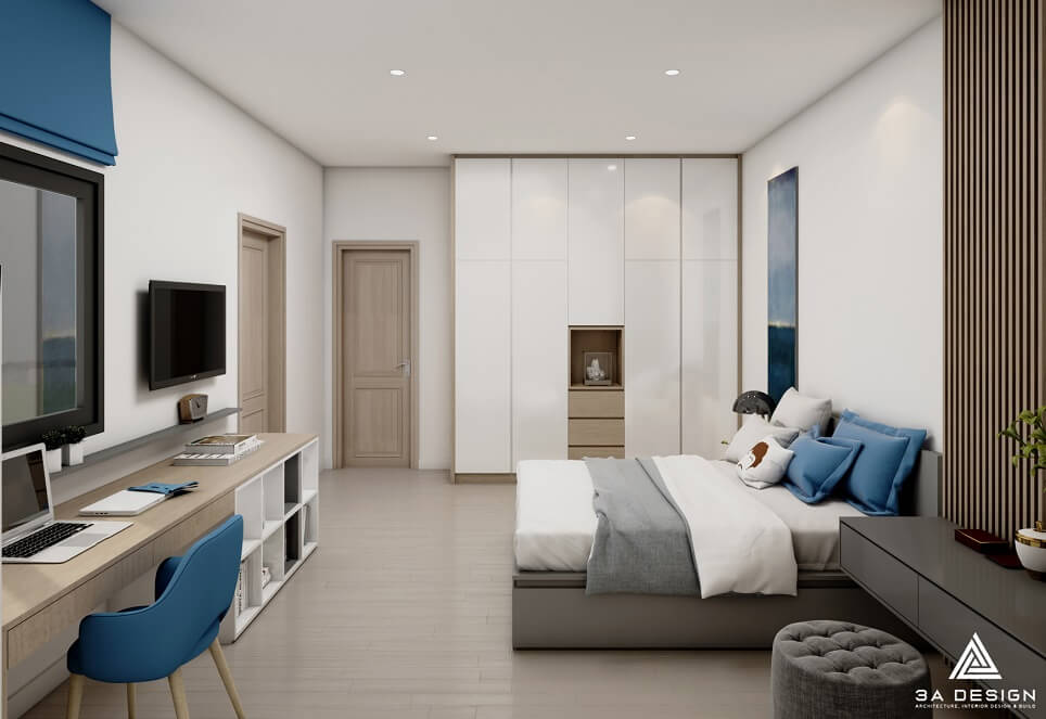 thiết kế phòng ngủ với tone gỗ sáng, trắng và xanh dương