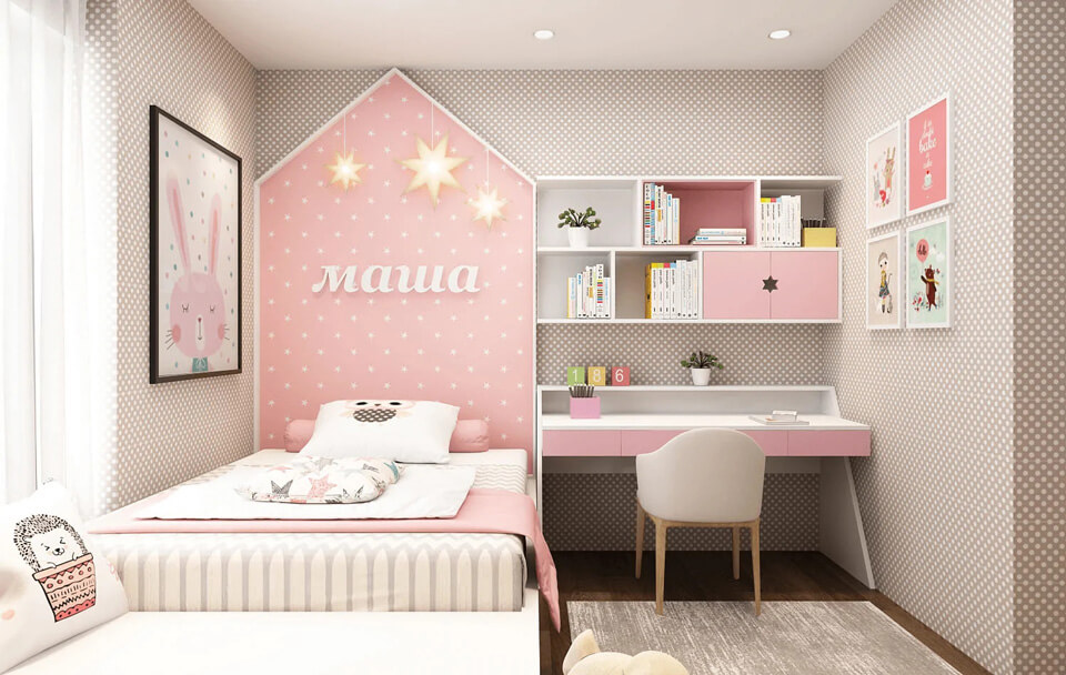 thiết kế nội thất phòng ngủ giường ngủ cho bé gái