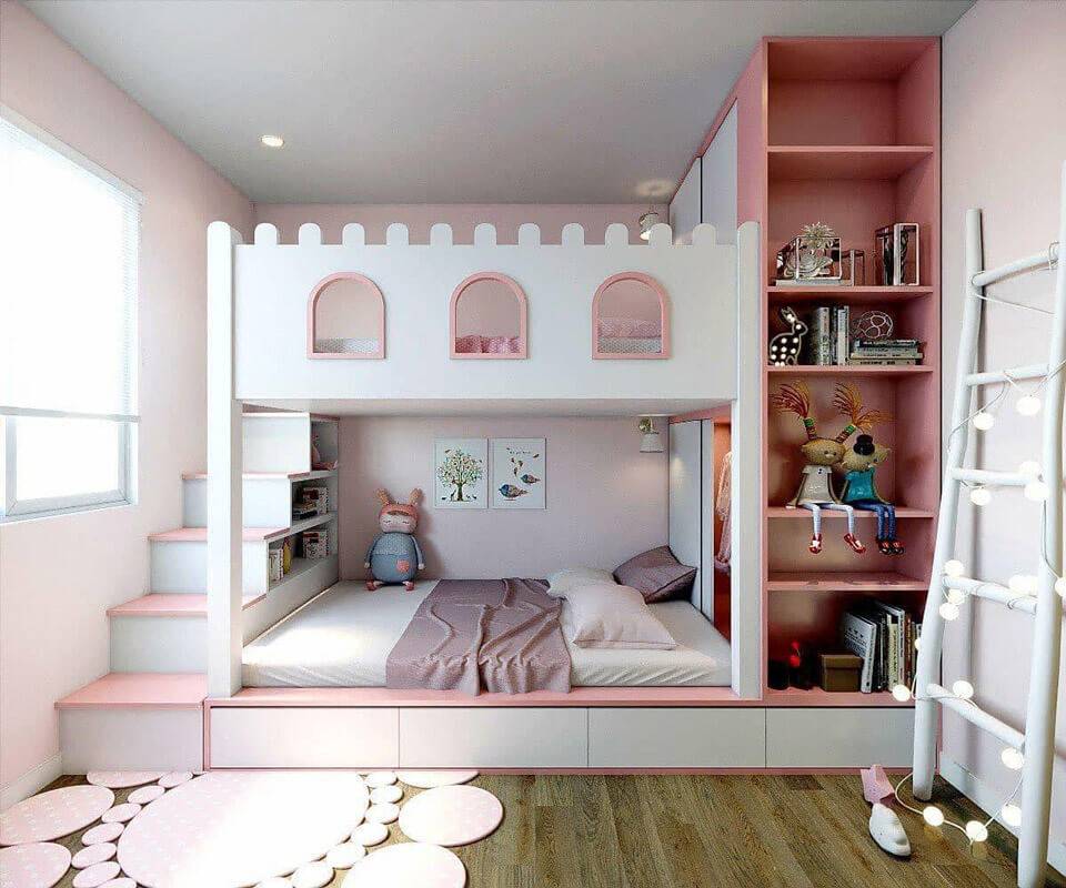 thiết kế nội thất giường ngủ cho bé kết hợp tủ quần áo
