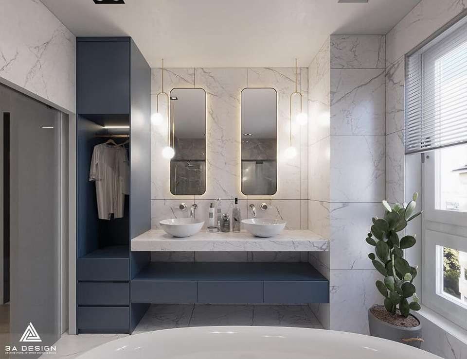 nhà tắm tươi mát khi kết hợp với màu xanh biếc