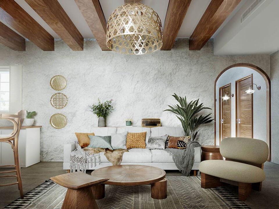 thiết kế nội thất phòng khách phong cách rustic mộc mạc, đơn giản