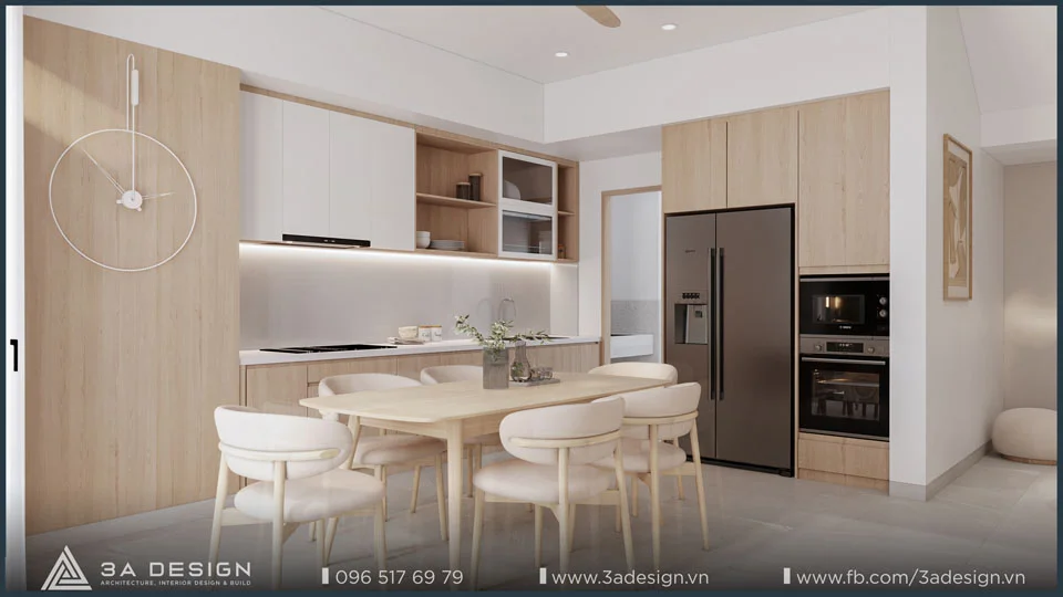 căn bếp với tone màu sáng, ấm