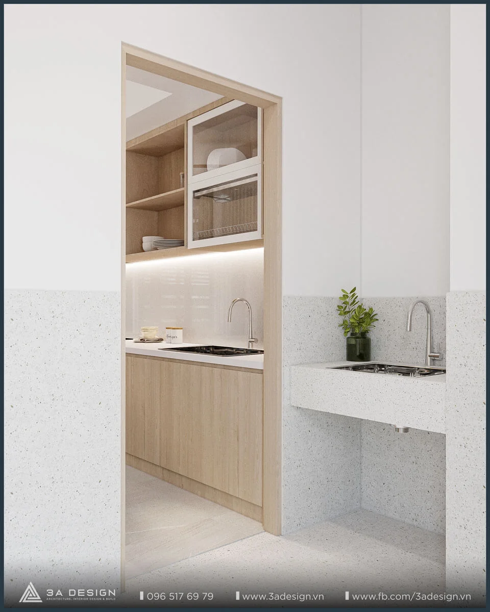 căn bếp với tone màu sáng, ấm