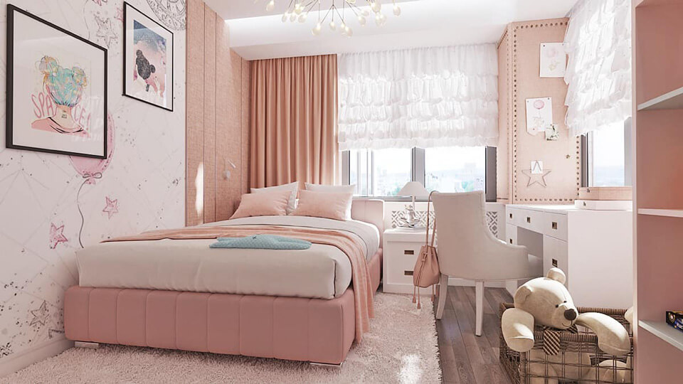 thiết kế nội thất phòng ngủ màu hồng, dịu dàng