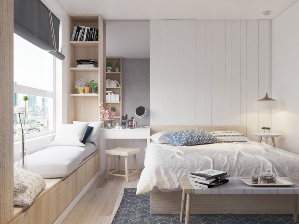 bố trí phòng ngủ đơn giản với giường ngủ thông minh