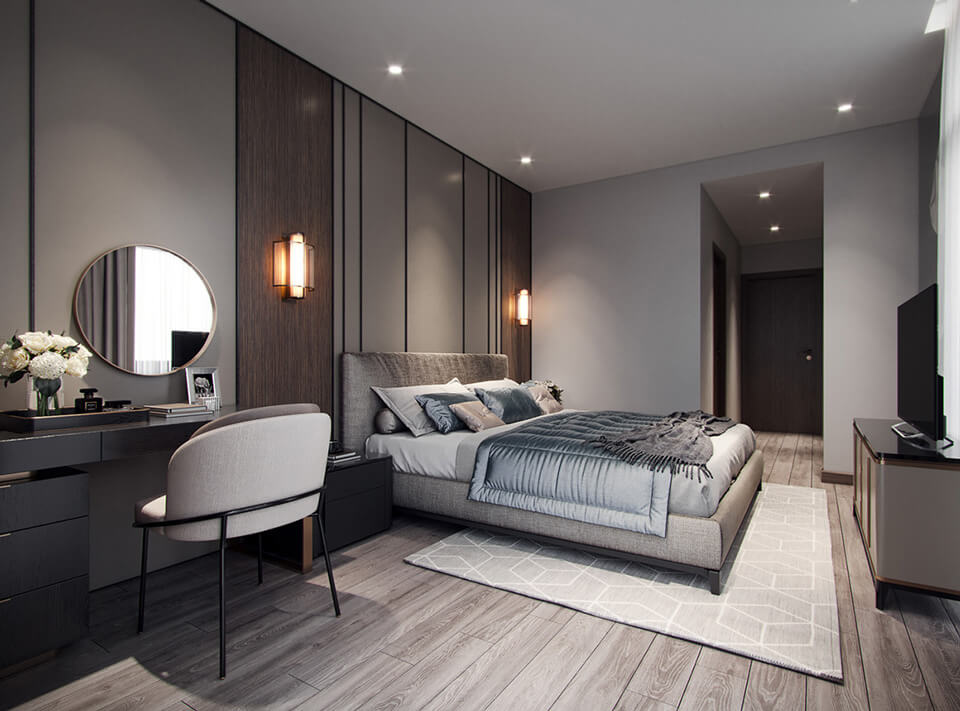 phòng ngủ màu xám phong cách hiện đại tối giản