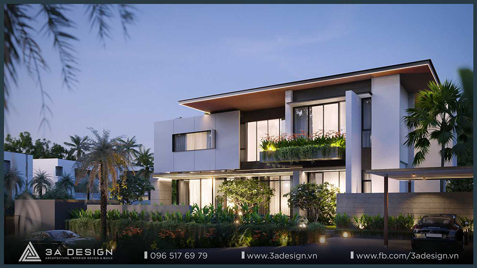 mặt tiền của Green Villa vào ban đêm