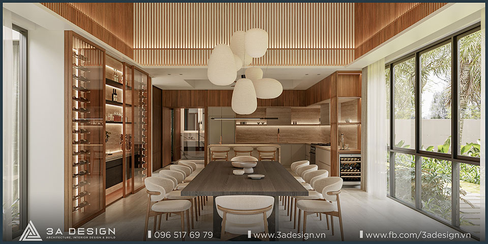 Không gian bếp và nhà ăn vừa ấm cúng vừa sang trọng của căn villa