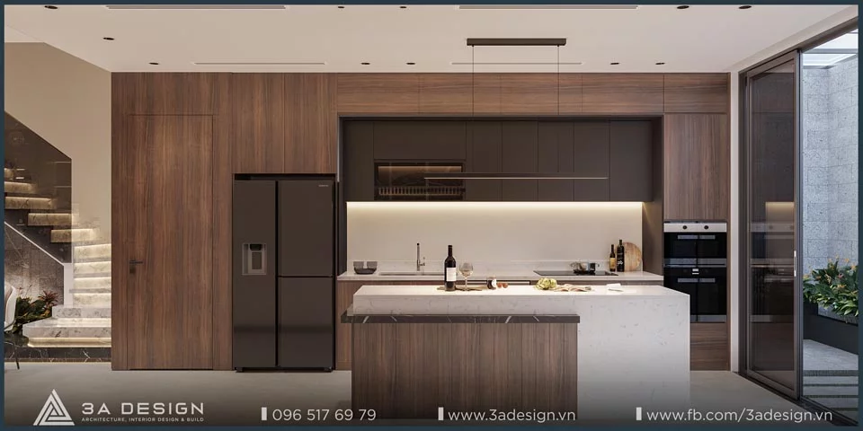 gian bếp lấy gỗ làm chủ đạo